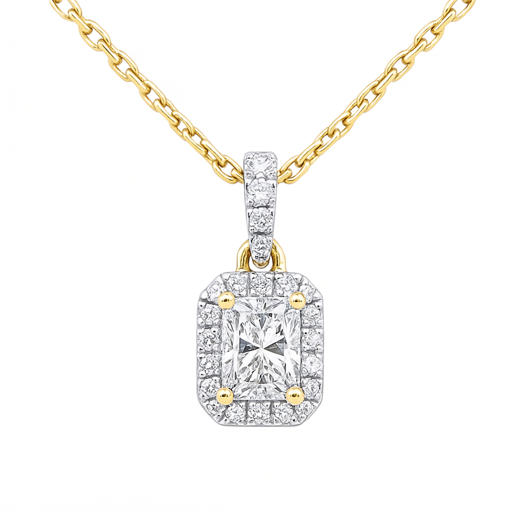 .49ct G SI 14K Yellow Gold  Radiant Cut Diamond Halo Solitiare Pendant 18" Long