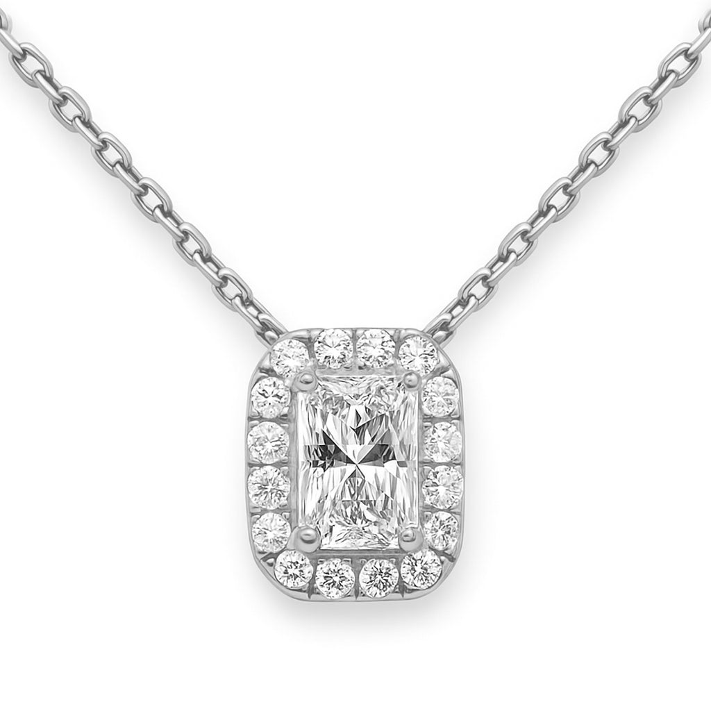 .89ct G SI 14K White Gold Radiant Cut Diamond Pendant Halo Necklace 18" Long Chain