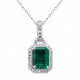 2.18ct G SI 14K White Gold Diamond & Emerald Gemstone Pendant Necklace 18" Long Chain