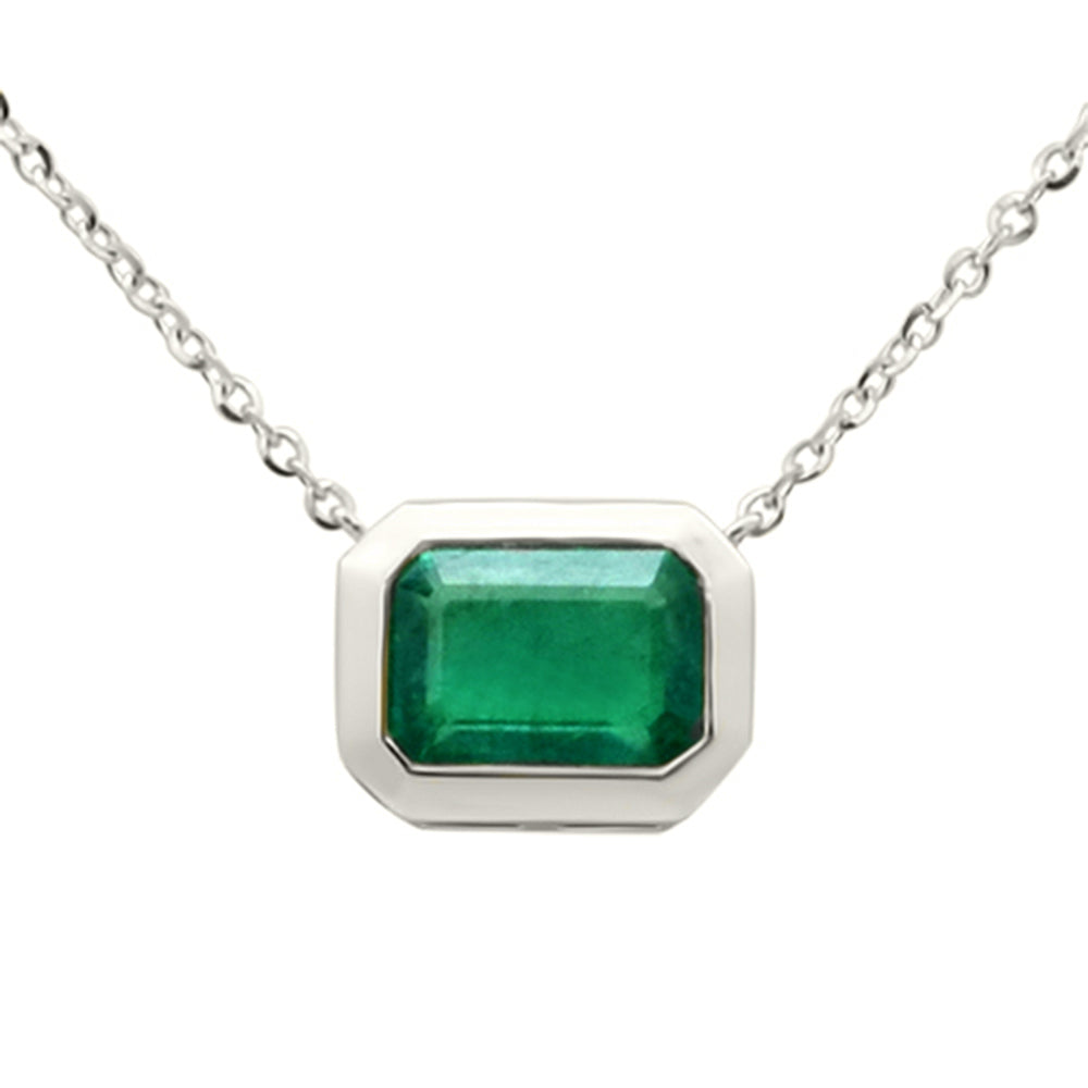 .86ct G SI 14K White Gold Emerald Gemstone Bezel Set Pendant Necklace 18" Long Chain