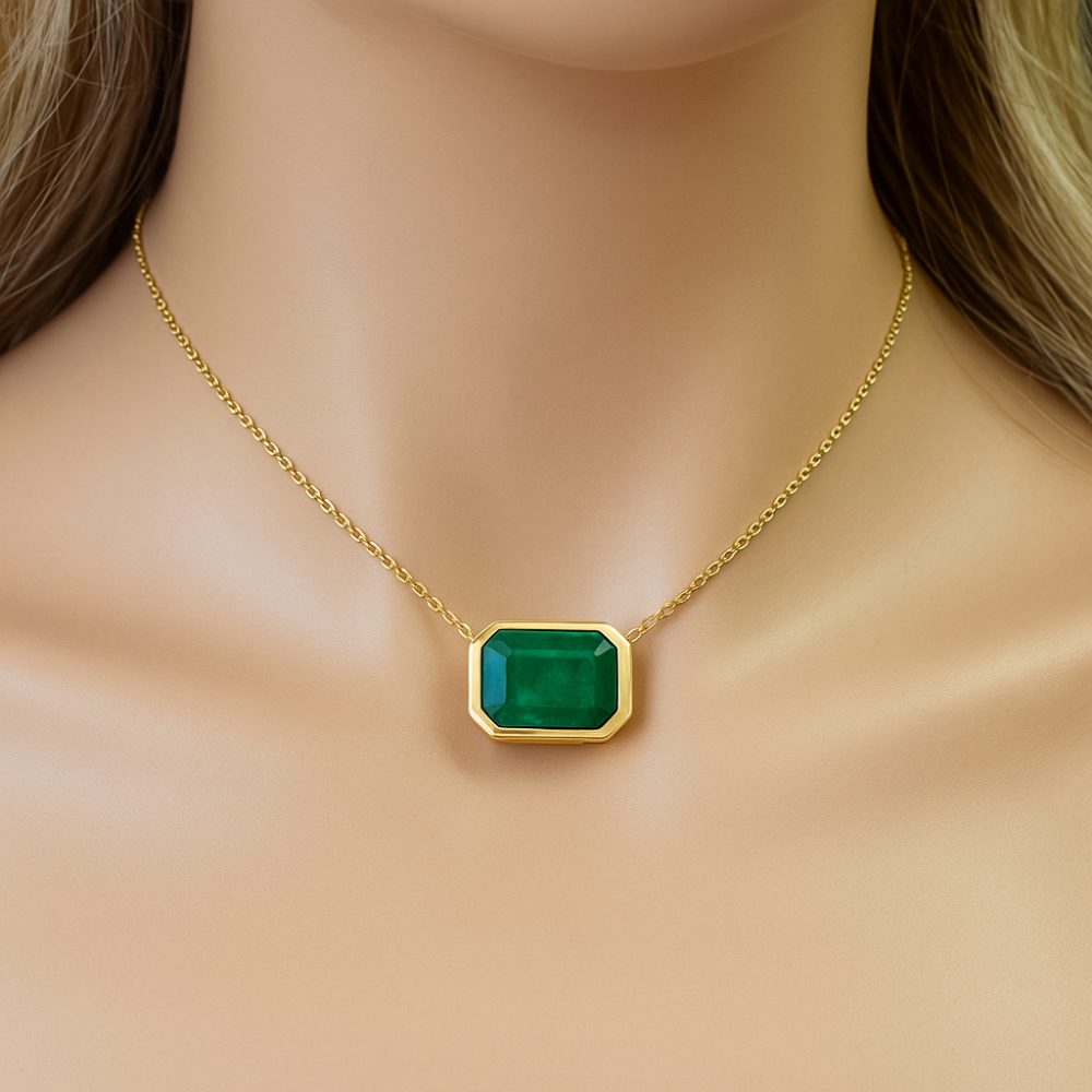 .95ct G SI 14K Yellow Gold Emerald Gemstone Bezel Set Pendant Necklace 18" Long Chain
