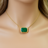 .95ct G SI 14K Yellow Gold Emerald Gemstone Bezel Set Pendant Necklace 18" Long Chain