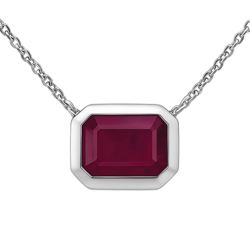 1.18ct G SI 14K White Gold Ruby Gemstone Bezel Set Pendant Necklace 18" Long Chain
