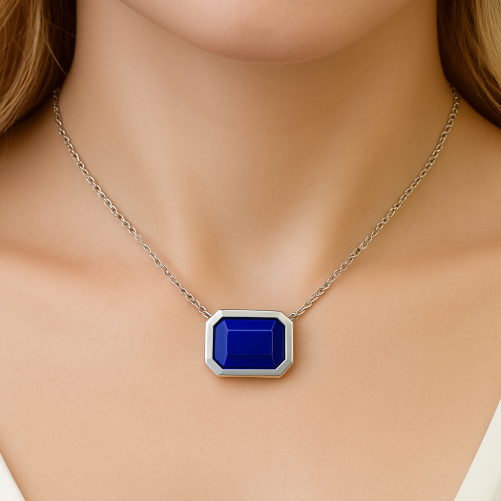 1.03ct G SI 14K White Gold Blue Sapphire Gemstone Bezel Set Pendant Necklace 18" Long Chain