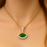 .34ct G SI 14K Yellow Gold Diamond & Emerald Gemstone Evil Eye Pendant 18" long Chain
