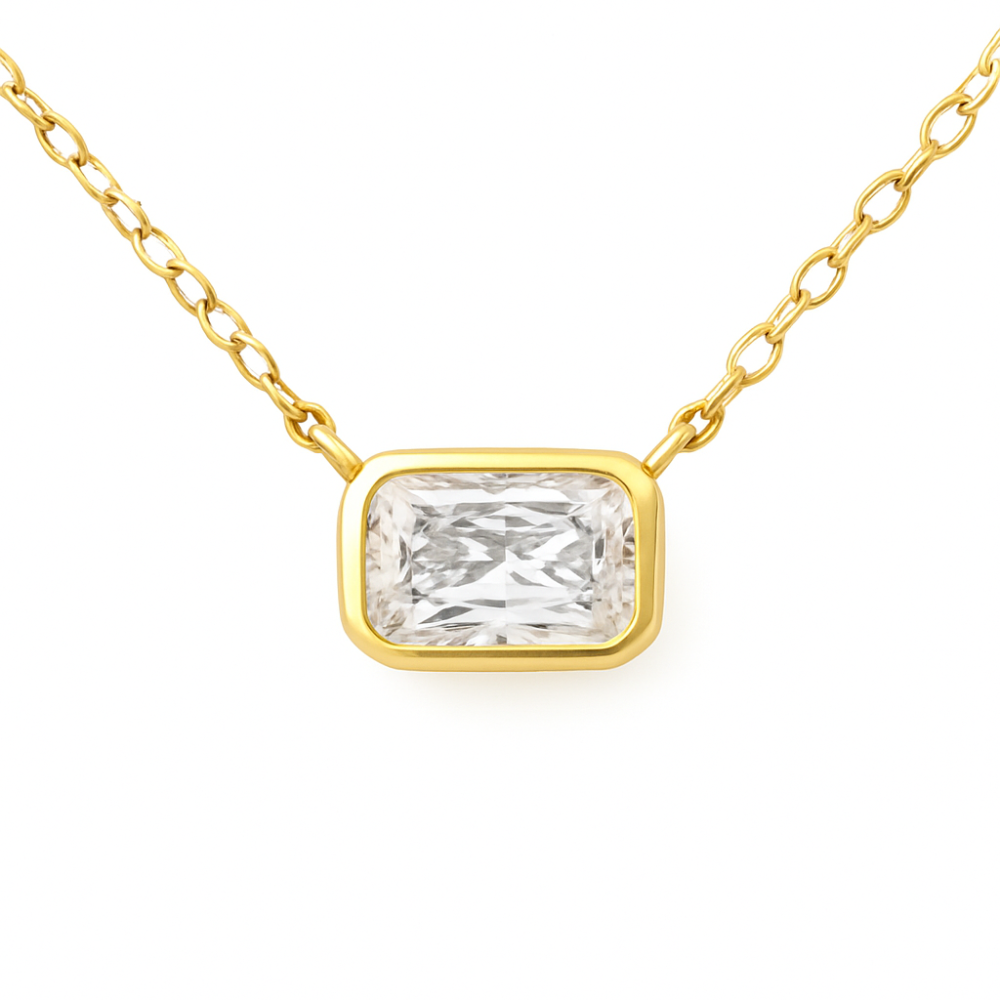 .32ct G SI 14K Yellow Gold Bezel Set Radiant Cut Diamond Solitaire Pendant Necklace 18" Long