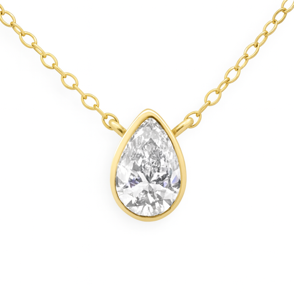 .42ct G SI 14K Yellow Gold Bezel Set Pear Cut Diamond Solitaire Pendant Necklace 18" Long