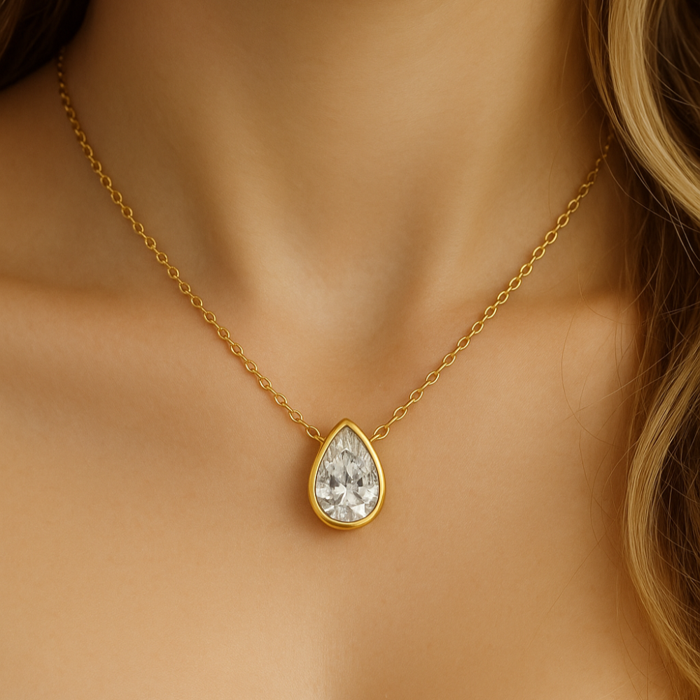 .42ct G SI 14K Yellow Gold Bezel Set Pear Cut Diamond Solitaire Pendant Necklace 18" Long