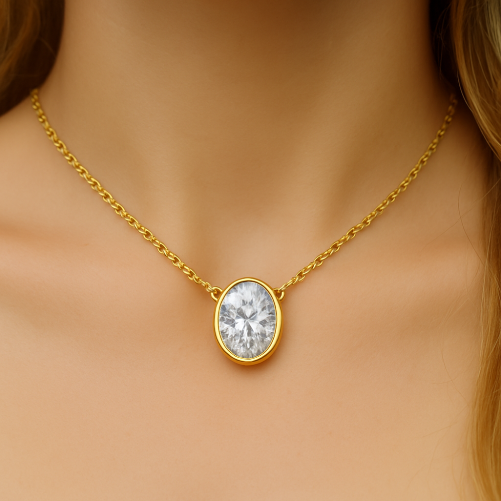 .40ct G SI 14K Yellow Gold Bezel Set Oval Cut Diamond Solitaire Pendant Necklace 18" Long