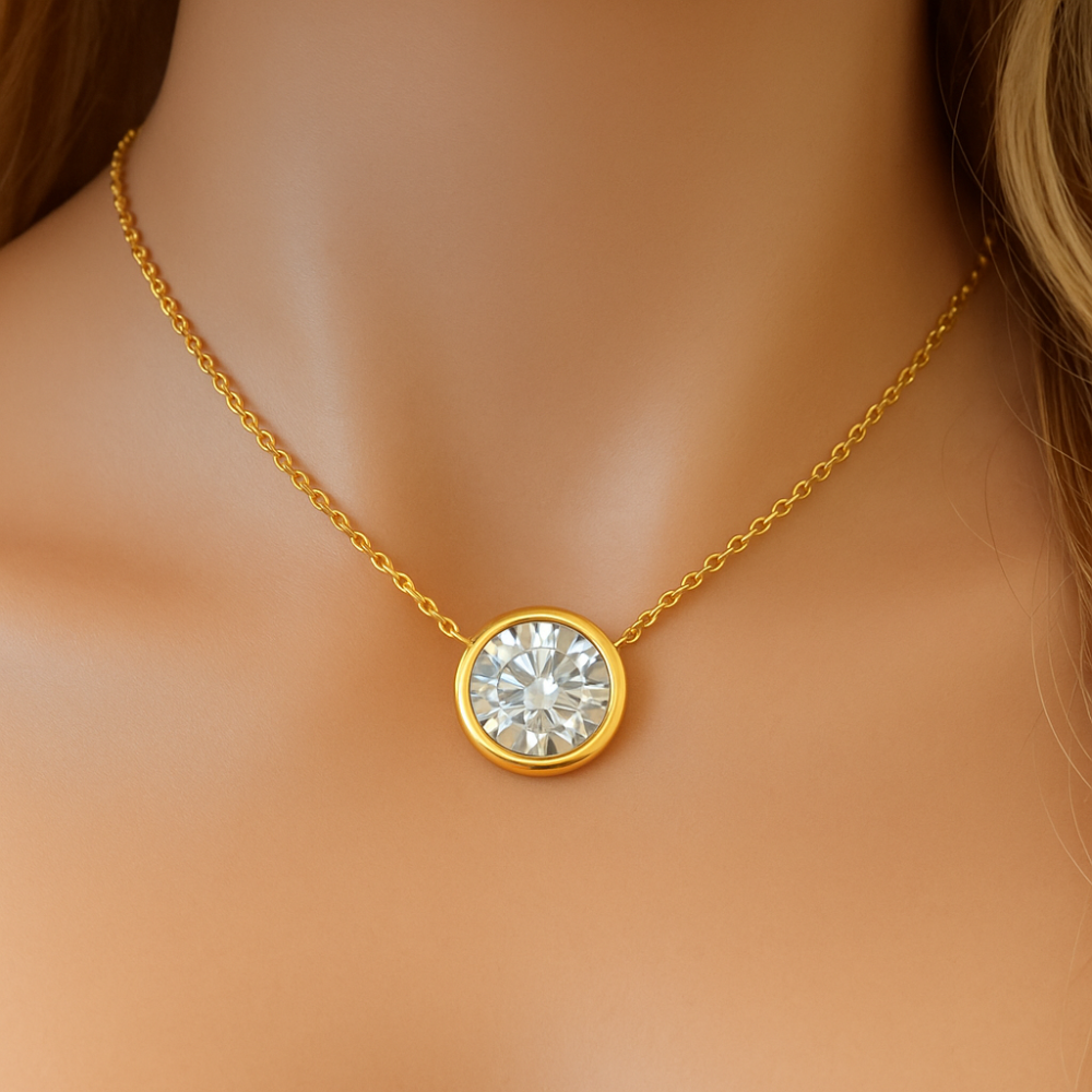 1.03ct G SI 14K Yellow Gold Bezel Set Round Diamond Pendant Necklace 18" Long