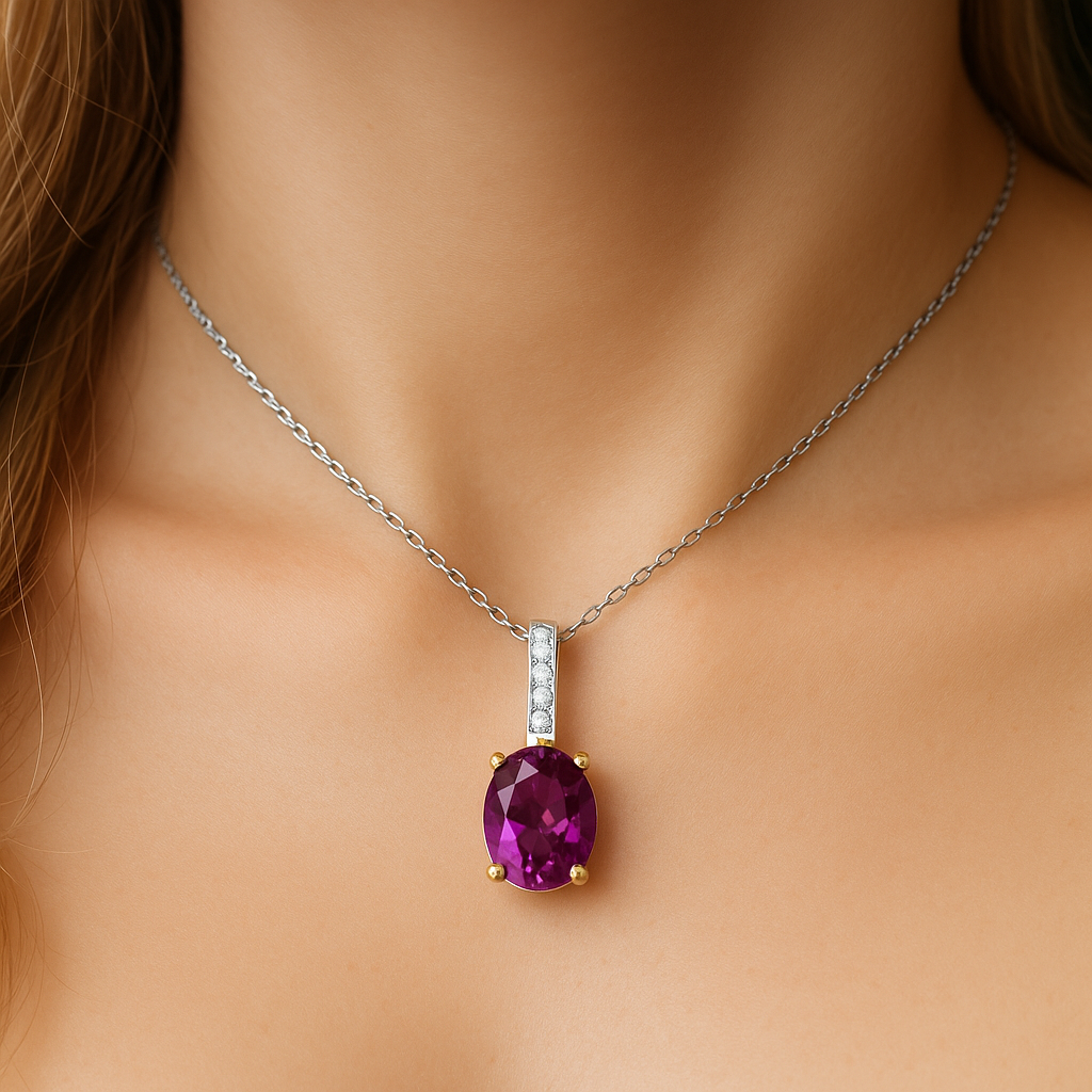 1.58ct G SI 14K Yellow Gold Oval Rhodolite Gemstone & Diamond Pendant Necklace 18" Long