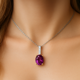 1.58ct G SI 14K Yellow Gold Oval Rhodolite Gemstone & Diamond Pendant Necklace 18" Long