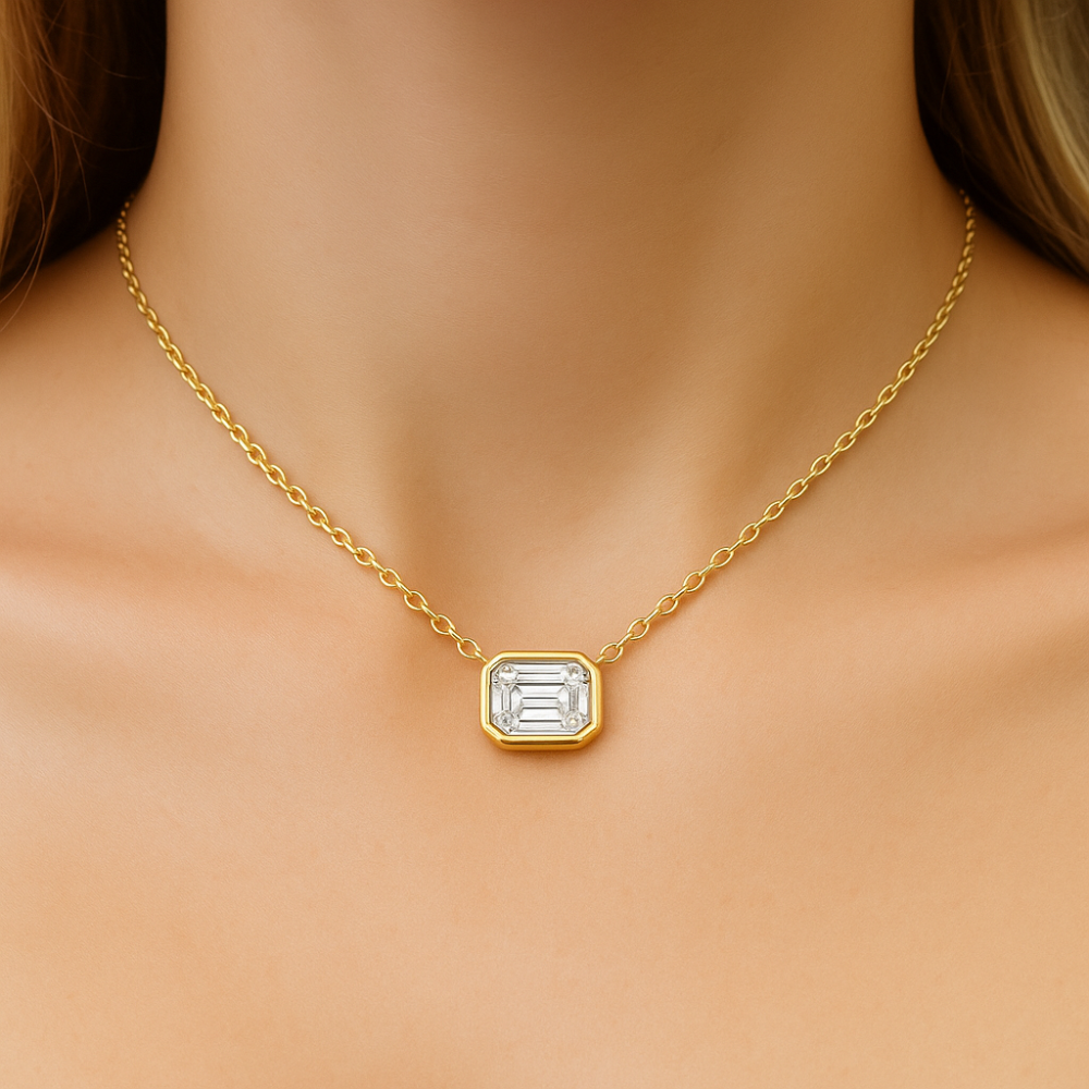 .26ct G SI 14K Yellow Gold Emerald Cut Bezel Set Diamond Pendant Necklace 16+2"Ext. Long