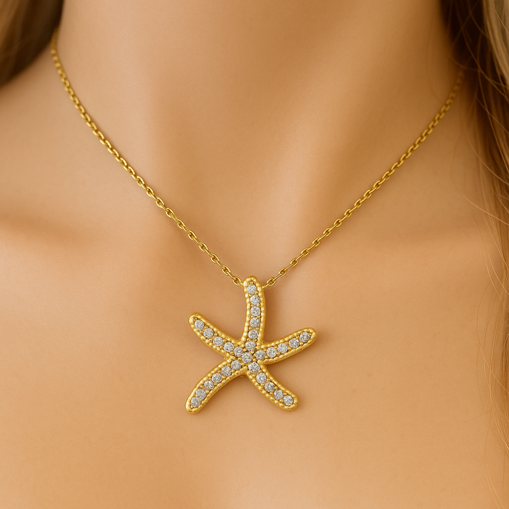 .16ct G SI 14kt Yellow Gold Diamond Starfish Pendant Necklace 18" long