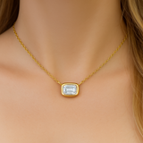 .32ct G SI 14K Yellow Gold Bezel Set Emerald Cut Diamond Pendant 18" Long