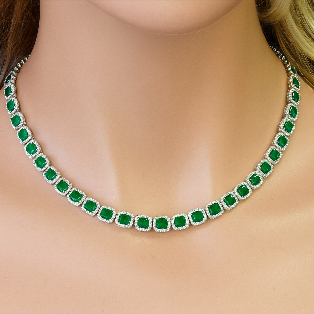 16.12ct G SI White Gold Diamond & Emerald Gemstone Necklace 16" long