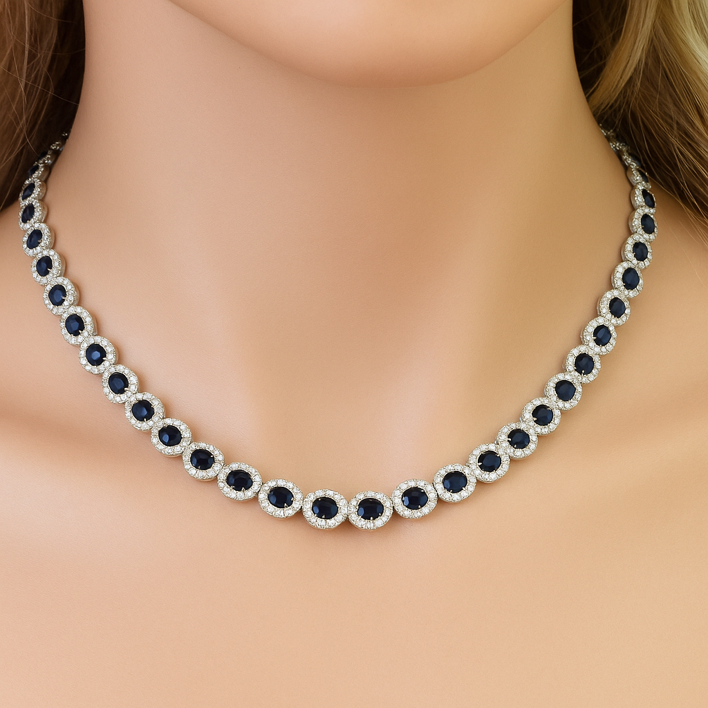 19.30ct G SI White Gold Diamond & Blue Sapphire Gemstone Necklace 16" long