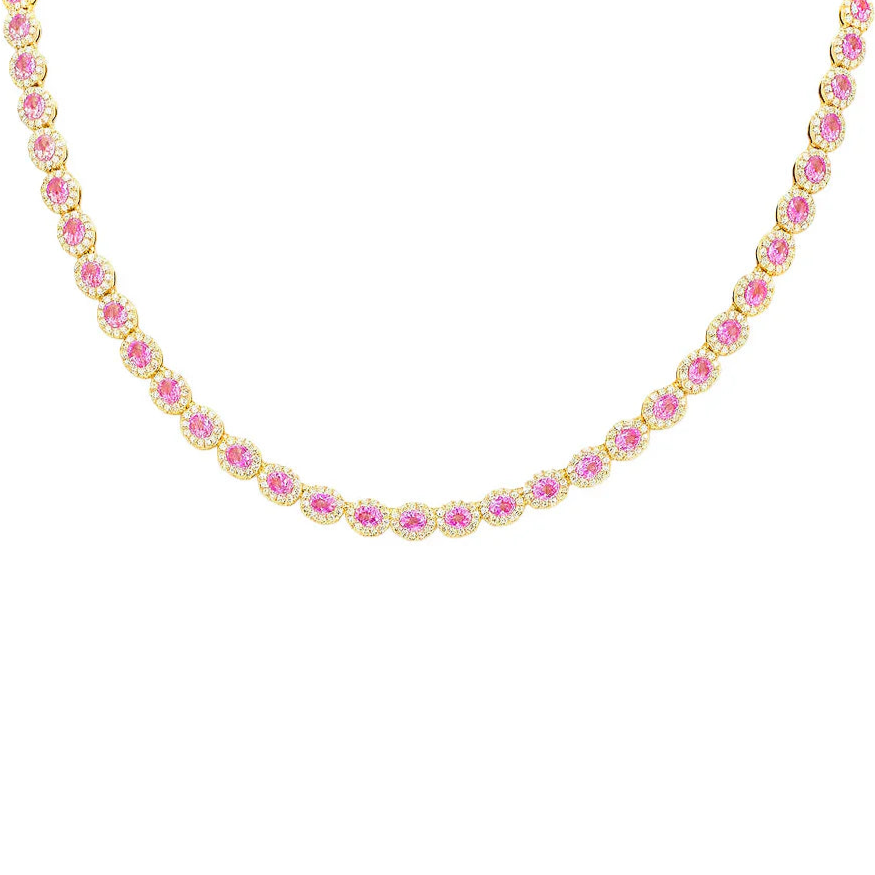 17.71ct G SI Yellow Gold  Diamond & Pink Sapphires Gemstone Necklace 16" long