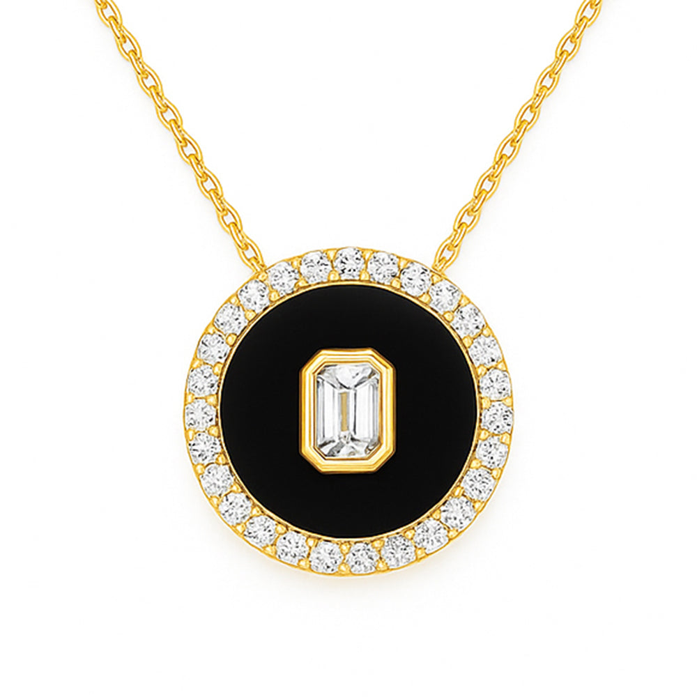 .32ct G SI 14kt Yellow Gold Modern Diamond & Onyx Pendant Necklace 18" Long