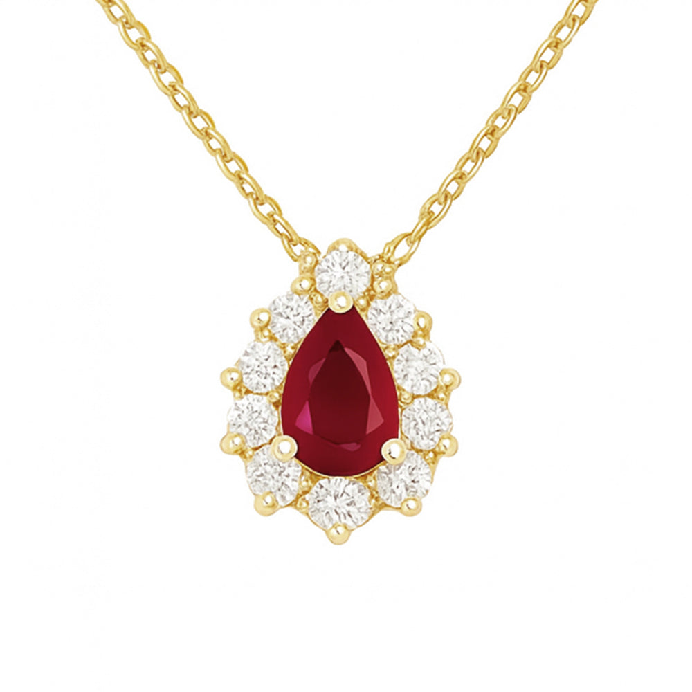 1.01ct G SI 14kt Yellow Gold Diamond & Pear Shaped Ruby Pendant Necklace 18" Long