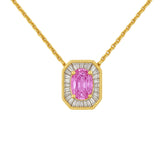 .43ct G SI 14KT Yellow Gold Baguette Diamond & Oval Shape Pink Sapphire Gemstone Pendant Necklace 16+2"