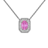 .40ct G SI 14KT White Gold Baguette Diamond & Oval Shape Pink Sapphire Gemstone Pendant Necklace 16+2"