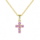 .53ct G SI 14KT Yellow Gold Pink Sapphire Round Shape Gemstone Petite Cross Pendant Necklace 18" Chain