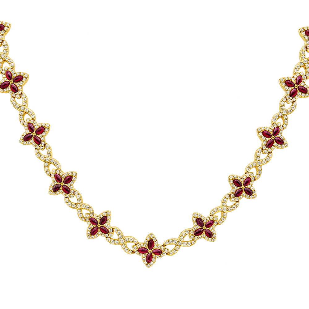 15.31ct G SI 14kt Yellow Gold Diamond & Ruby Gemstone Clover Infinity Necklace 20"