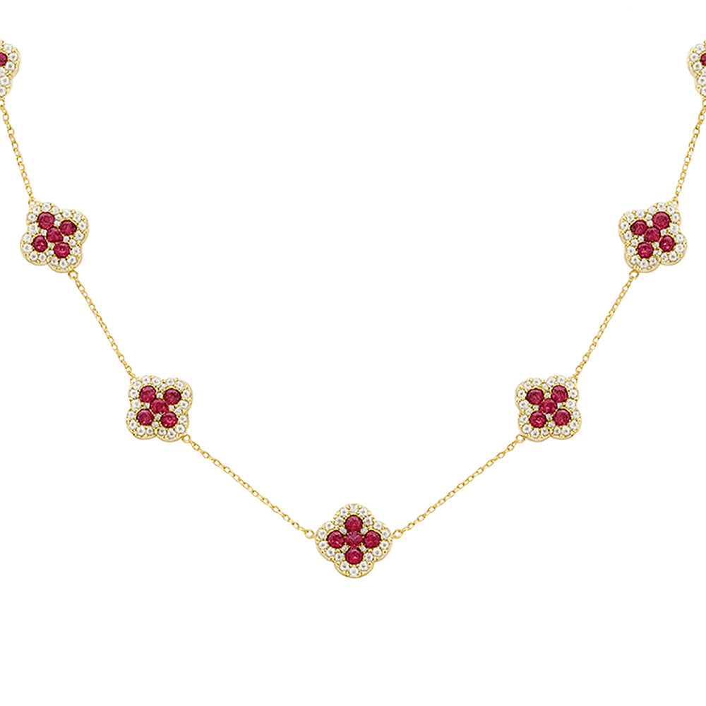 7.20ct G SI 14kt Yellow Gold Diamond & Ruby Gemstone Clover Chain Necklace 16+2" Ext.