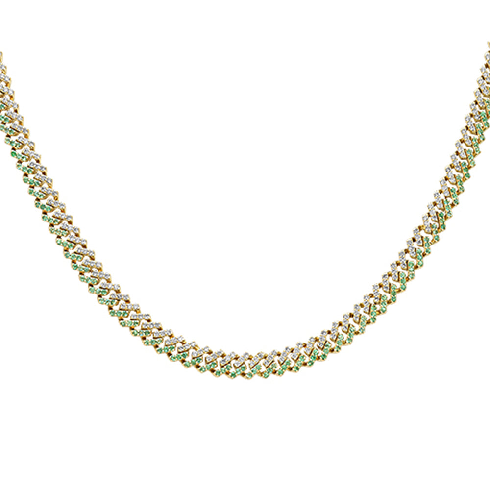 9.47ct G SI 14kt Yellow Gold 7MM Round Diamond & Emerald Square Cuban 22" Long