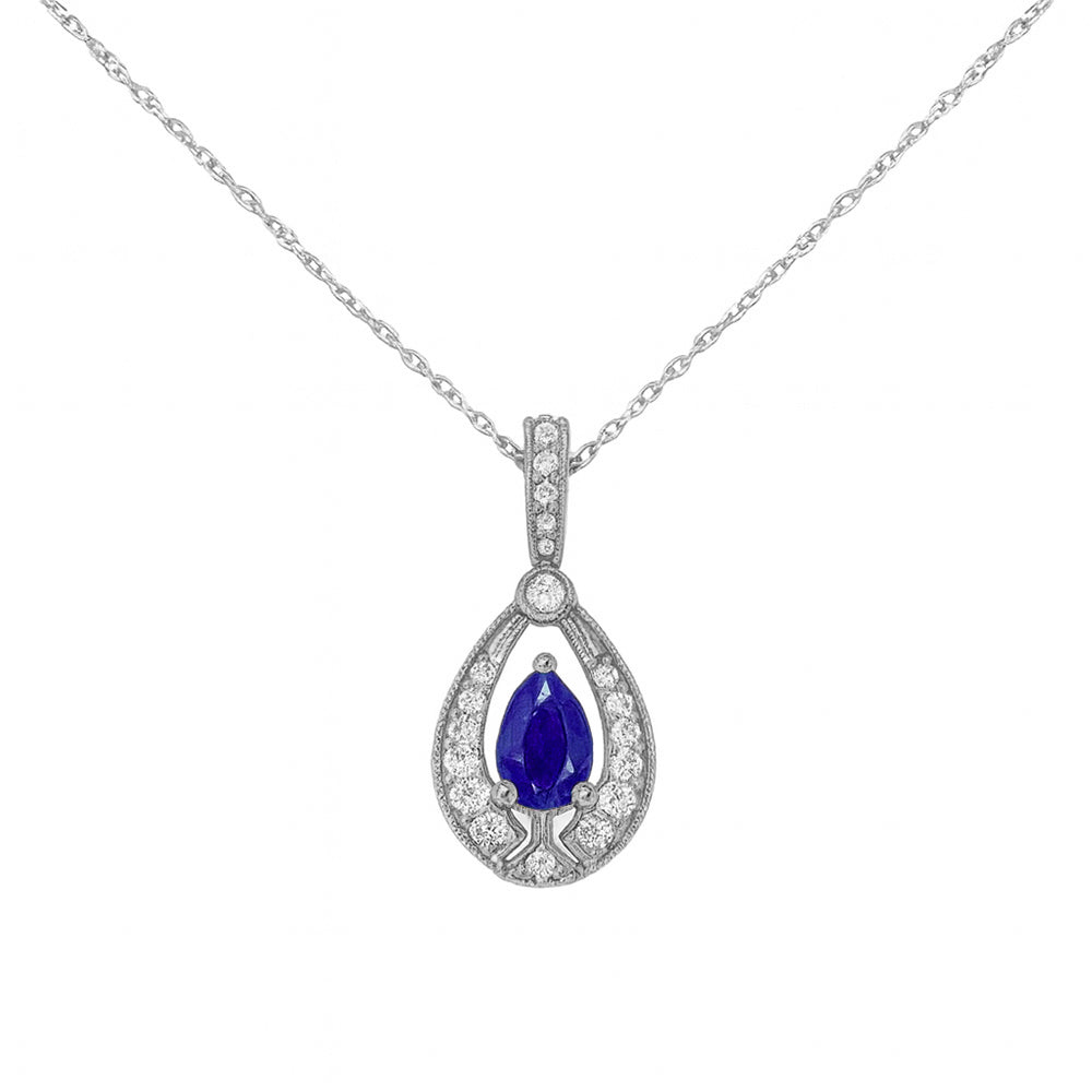 <span style="color:purple">SPECIAL!</span> .64ct G SI 14kt White Gold Diamond & Blue Sapphire Gemstone Pendant Necklace 18" Long