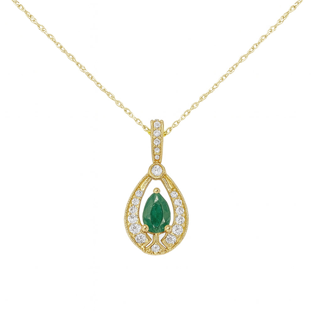 .52ct G SI 14kt Yellow Gold Diamond & Emerald Gemstone Pendant Necklace 18" Long