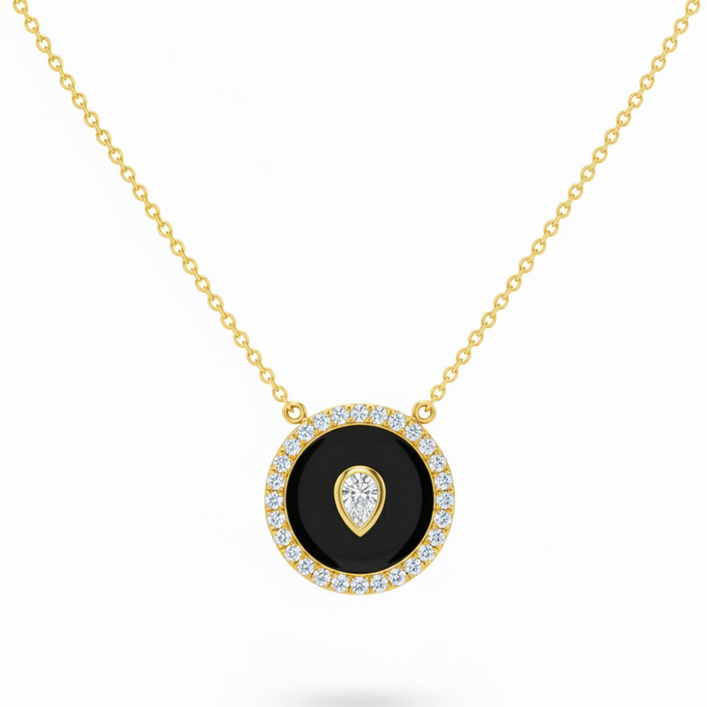 .36ct G SI 14kt Yellow Gold Pear Diamond Onyx Inlay Pendant Necklace 16+2" Long