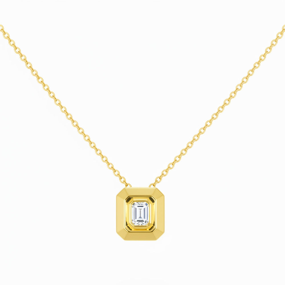 .15ct G SI 14kt Yellow Gold Modern Emerald Cut Diamond Bezel Set Pendant Necklace 16+2" Long