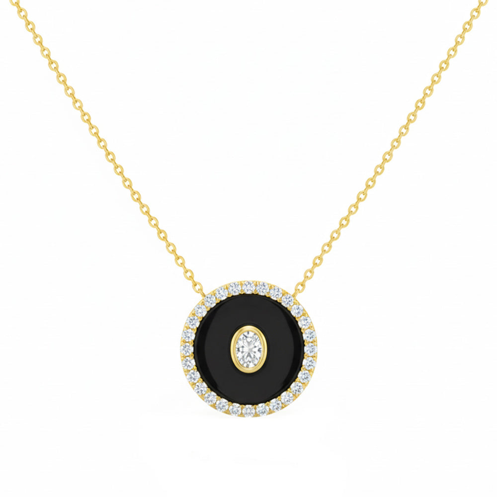 .30ct G SI 14kt Yellow Gold Oval Diamond Onyx Inlay Pendant Necklace 16+2" Long
