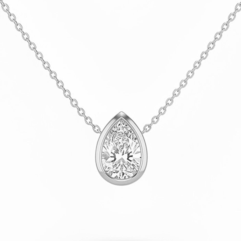 .20ct G SI 14kt White Gold Pear Diamond Bezel Set Pendant Necklace 16+2" Long