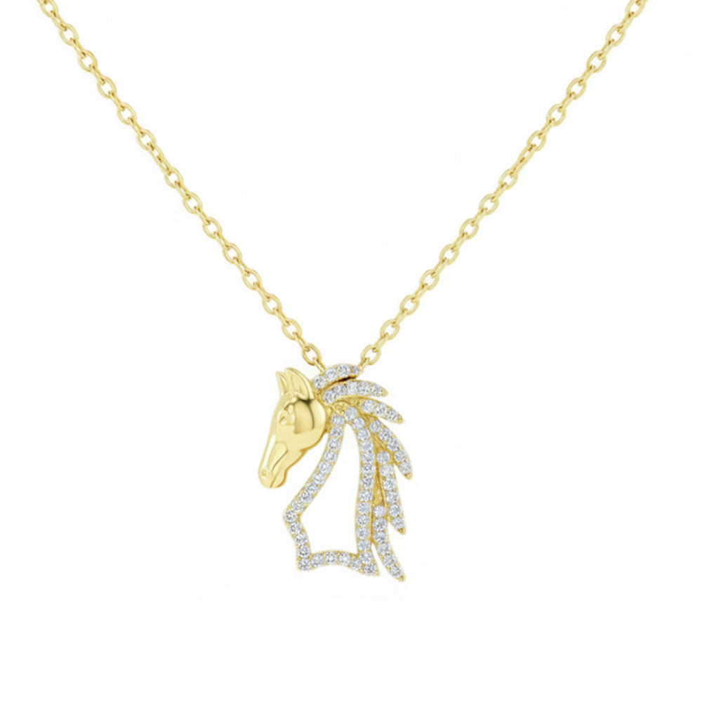 .10ct G SI 14kt Yellow Gold Diamond Horse Equestarian Pendant Necklace 16+2" Long