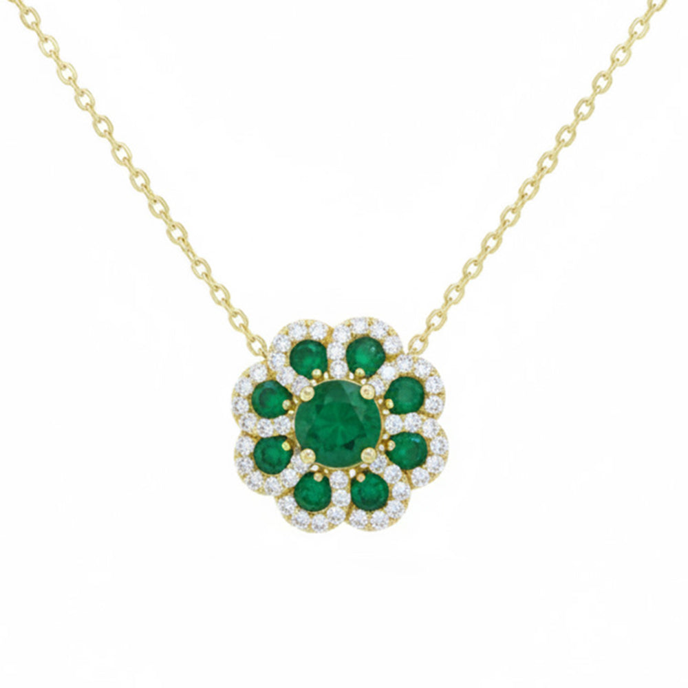 .88ct G SI 14kt Yellow Gold Diamond & Emerald Gemstone Pendant Necklace 16+2" Long