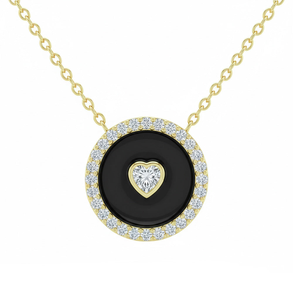 .33ct G SI 14kt Yellow Gold Heart Diamond Onyx Inlay Pendant Necklace 16+2" Long