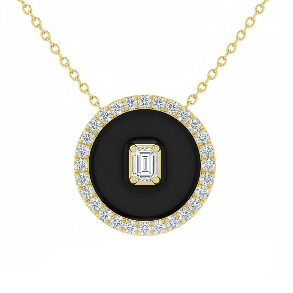 .34ct G SI 14kt Yellow Gold Diamond Onyx Inlay Pendant Necklace 16+2" Long