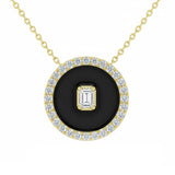 .34ct G SI 14kt Yellow Gold Diamond Onyx Inlay Pendant Necklace 16+2" Long