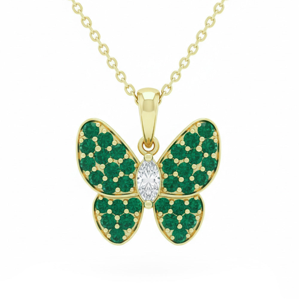 1.12ct G SI 14kt Yellow Gold Diamond & Emerald Gemstone Butterfly Pendant Necklace 18" Long