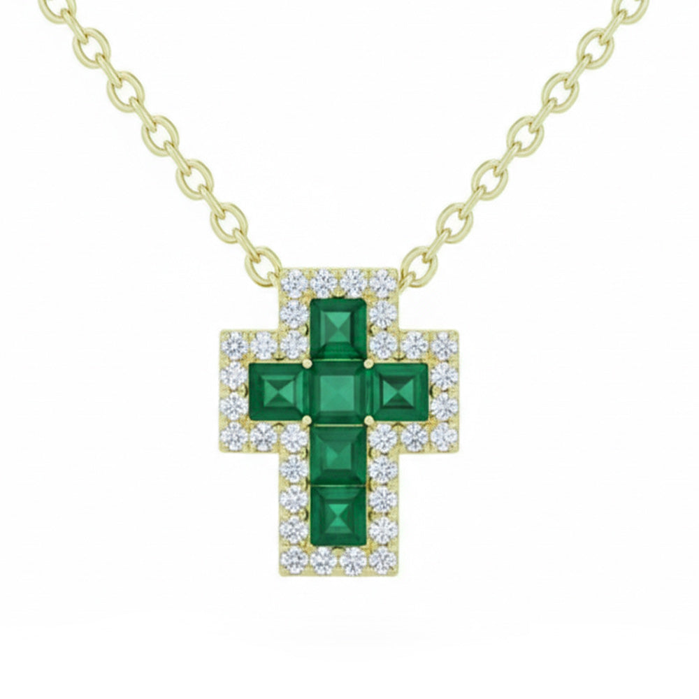 .39ct G SI 14kt Yellow Gold Diamond & Emerald Gemstone Cross Pendant Necklace 18" Long