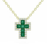 .39ct G SI 14kt Yellow Gold Diamond & Emerald Gemstone Cross Pendant Necklace 18" Long