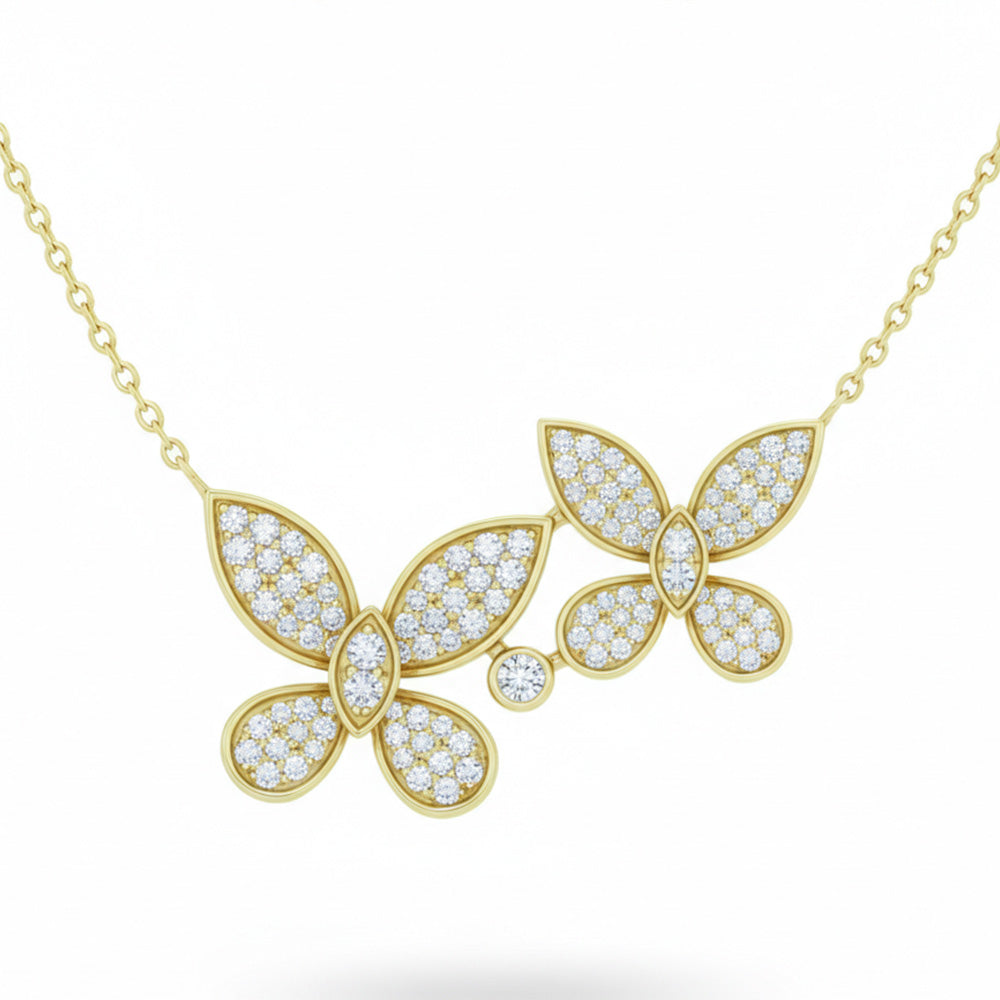 .53ct G SI 14kt Yellow Gold Diamond Twin Butterfly Pendant Necklace 18" Long