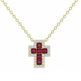 .46ct G SI 14kt Yellow Gold Diamond & Ruby Gemstone Cross Pendant Necklace 18" Long