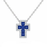 .44ct G SI 14kt White Gold Diamond & Blue Sapphire Gemstone Cross Pendant Necklace 18" Long