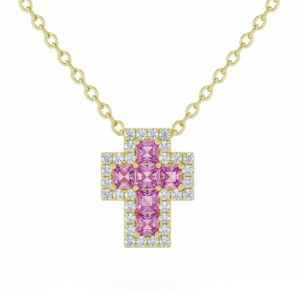 .39ct G SI 14kt Yellow Gold Diamond & Pink Sapphire Gemstone Cross Pendant Necklace 18" Long