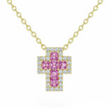 .39ct G SI 14kt Yellow Gold Diamond & Pink Sapphire Gemstone Cross Pendant Necklace 18" Long