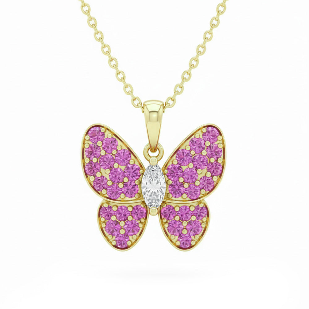 1.44ct G SI 14kt Yellow Gold Diamond & Pink Sapphire Gemstone Butterfly Pendant Necklace 18" Long